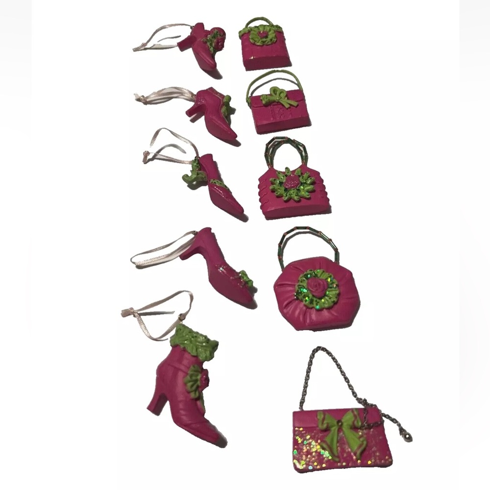 Lot of 10 Barbie fashion theme shoe/purse tree ornaments pink and green bling